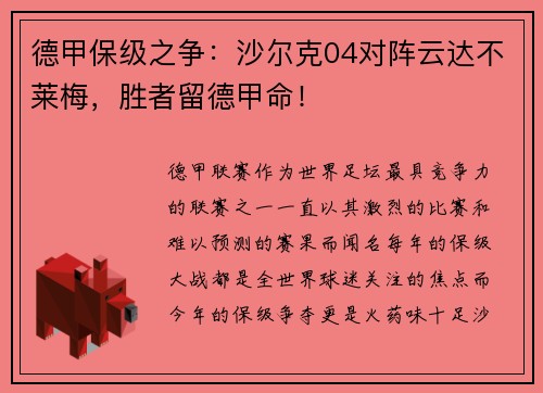 德甲保级之争：沙尔克04对阵云达不莱梅，胜者留德甲命！
